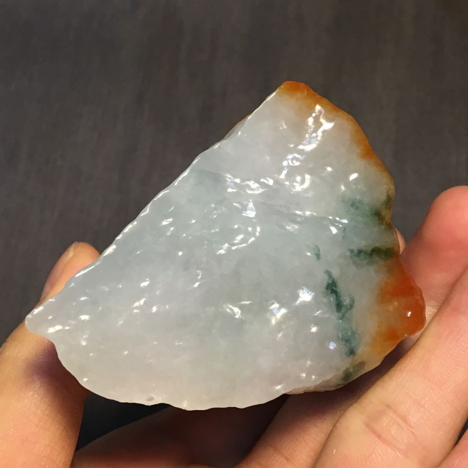 糯冰种褐红翡/略飘花翡翠毛料